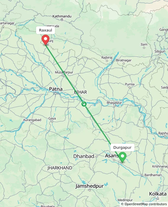 Route map showing distance and travel time from Durgapur, India to Raxaul, India