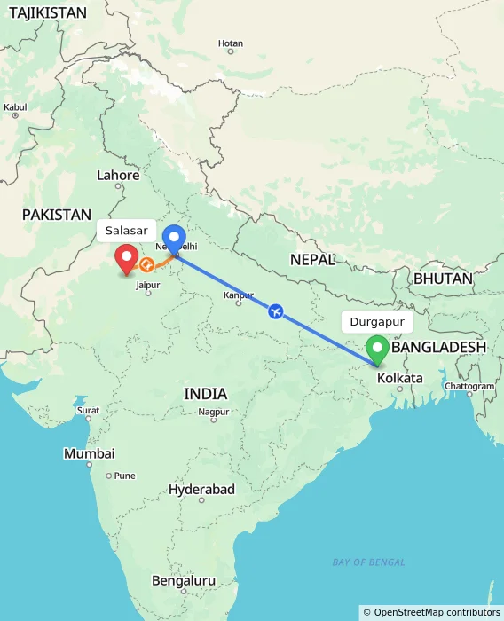 Route map showing distance and travel time from Durgapur, India to Salasar, India