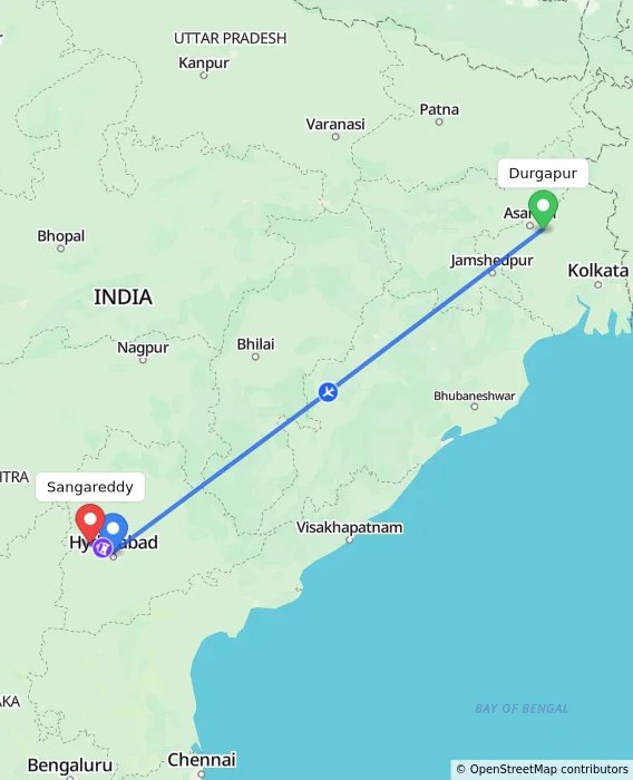 Route map showing distance and travel time from Durgapur, India to Sangareddy, India
