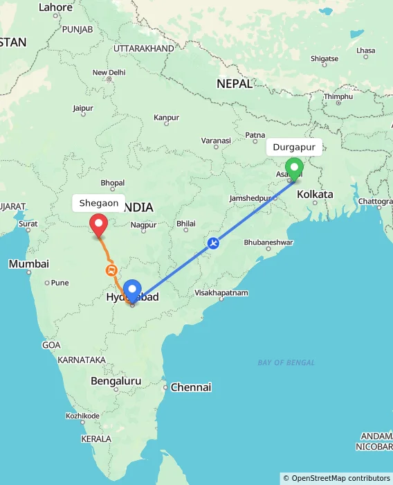 Route map showing distance and travel time from Durgapur, India to Shegaon, India