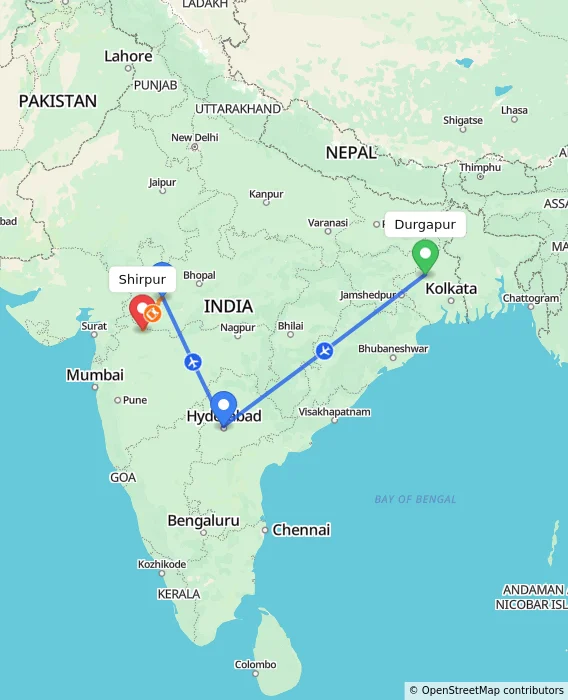 Route map showing distance and travel time from Durgapur, India to Shirpur, India