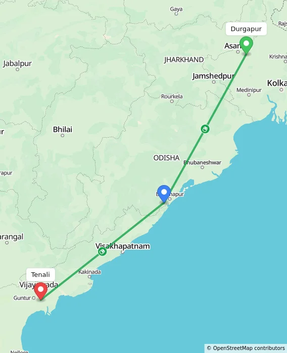 Route map showing distance and travel time from Durgapur, India to Tenali, India