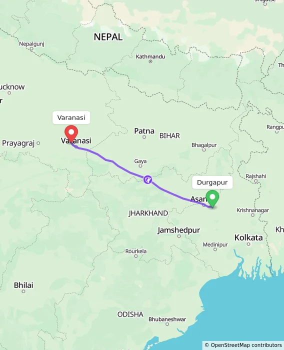 Route map showing distance and travel time from Durgapur, India to Varanasi, India