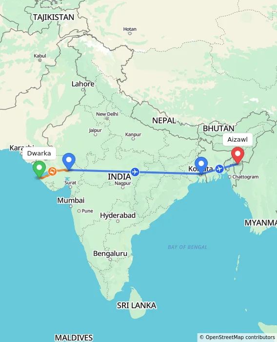 Route map showing distance and travel time from Dwarka, India to Aizawl, India