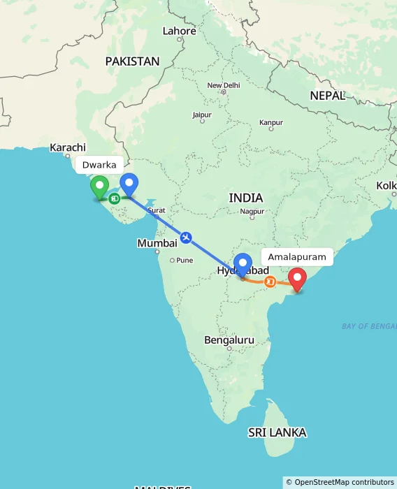 Route map showing distance and travel time from Dwarka, India to Amalapuram, India