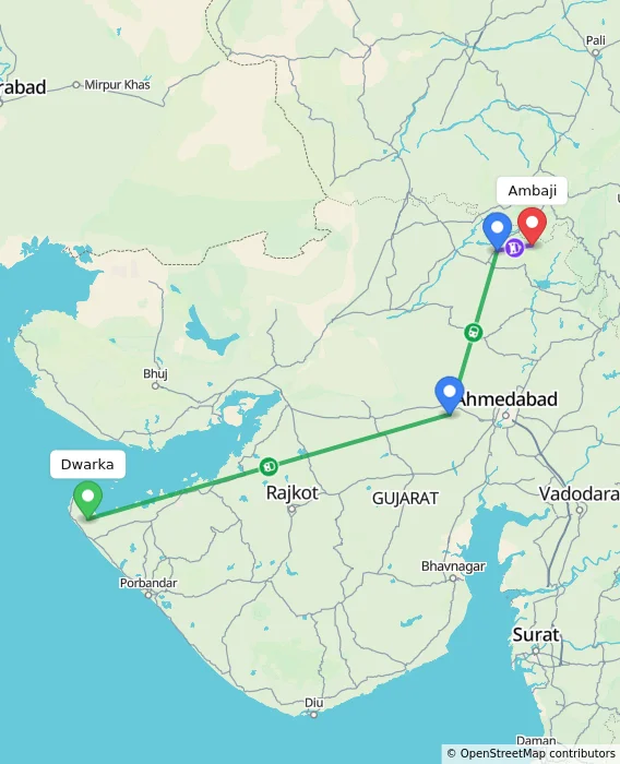 Route map showing distance and travel time from Dwarka, India to Ambaji, India