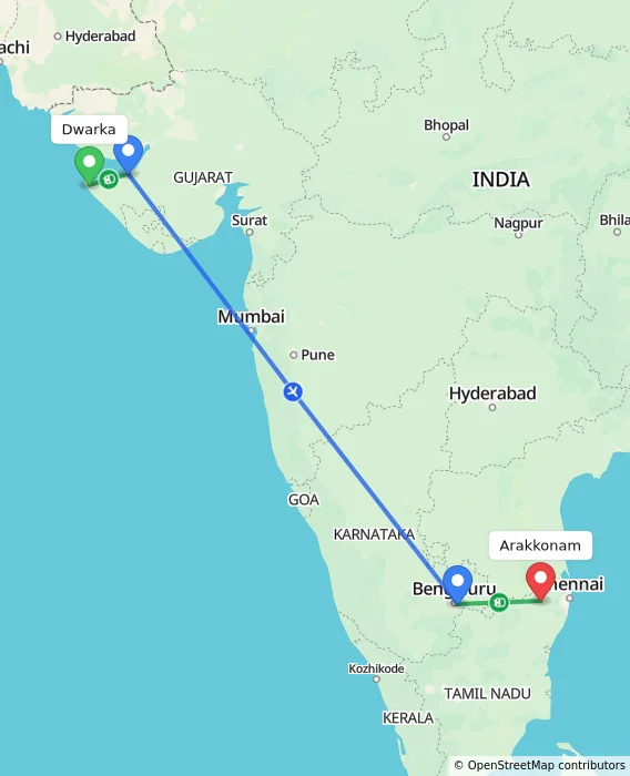 Route map showing distance and travel time from Dwarka, India to Arakkonam, India