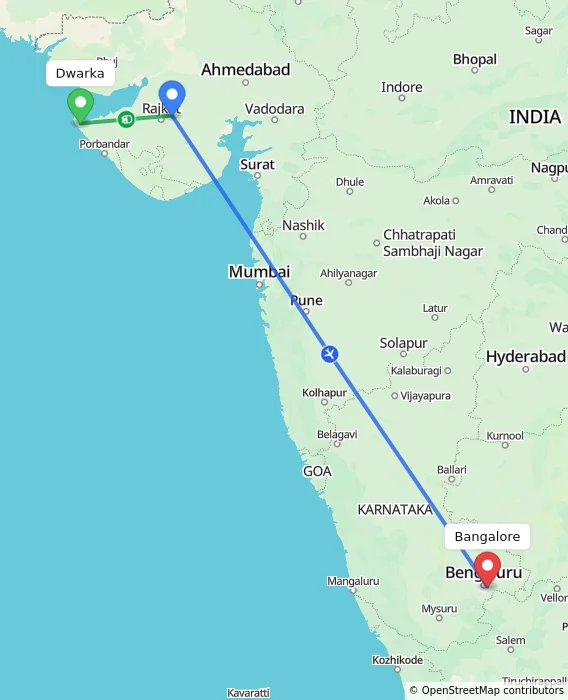 Route map showing distance and travel time from Dwarka, India to Bangalore, India