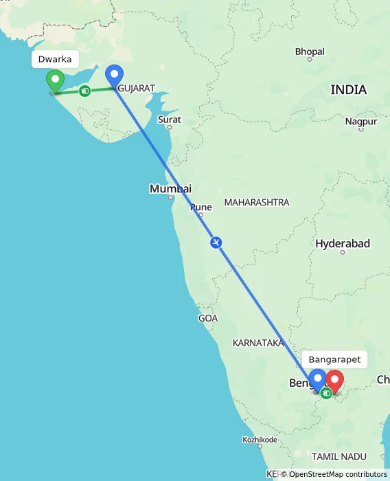 Route map showing distance and travel time from Dwarka, India to Bangarapet, India