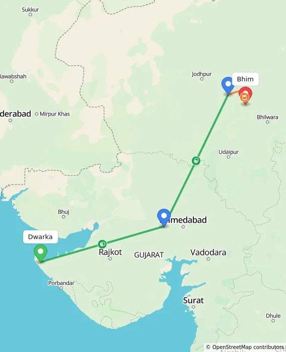 Route map showing distance and travel time from Dwarka, India to Bhim, India