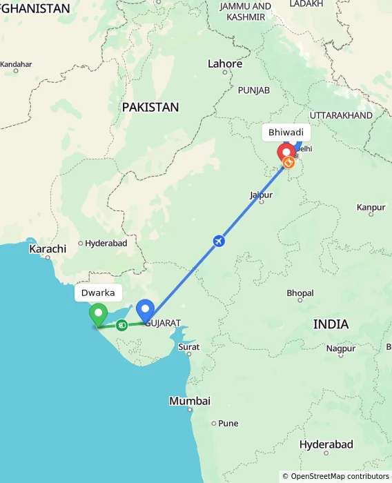Route map showing distance and travel time from Dwarka, India to Bhiwadi, India