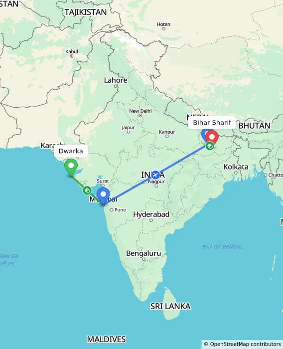 Route map showing distance and travel time from Dwarka, India to Bihar Sharif, India
