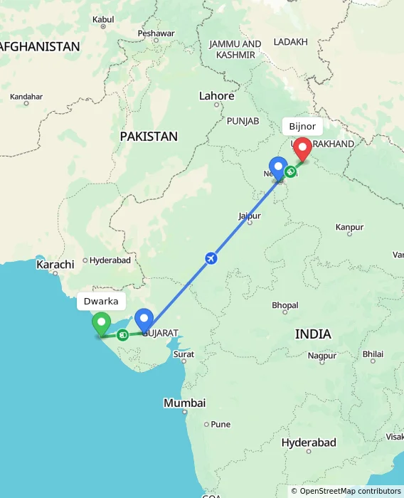 Route map showing distance and travel time from Dwarka, India to Bijnor, India