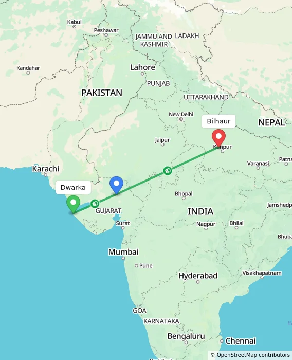 Route map showing distance and travel time from Dwarka, India to Bilhaur, India