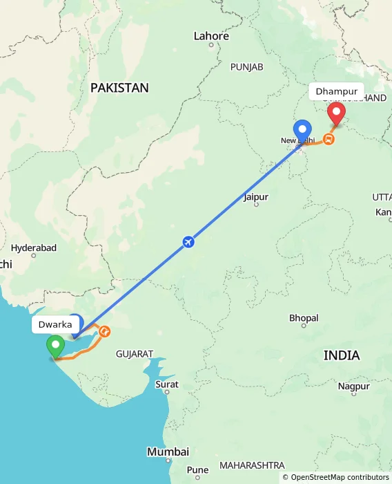 Route map showing distance and travel time from Dwarka, India to Dhampur, India