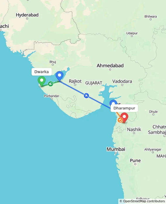 Route map showing distance and travel time from Dwarka, India to Dharampur, India