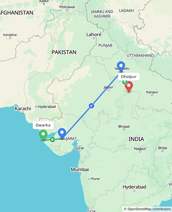 Route map showing distance and travel time from Dwarka, India to Dholpur, India