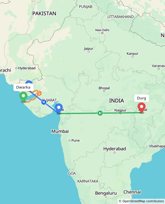 Route map showing distance and travel time from Dwarka, India to Durg, India