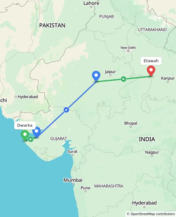 Route map showing distance and travel time from Dwarka, India to Etawah, India