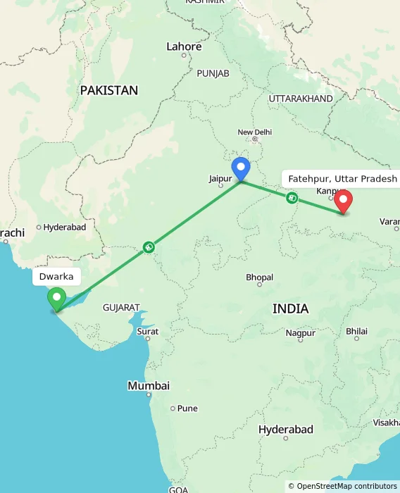 Route map showing distance and travel time from Dwarka, India to Fatehpur, Uttar Pradesh, India