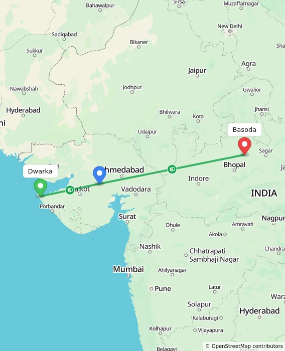 Route map showing distance and travel time from Dwarka, India to Basoda, India