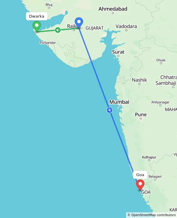 Route map showing distance and travel time from Dwarka, India to Goa, India
