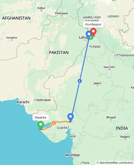Route map showing distance and travel time from Dwarka, India to Gurdaspur, India