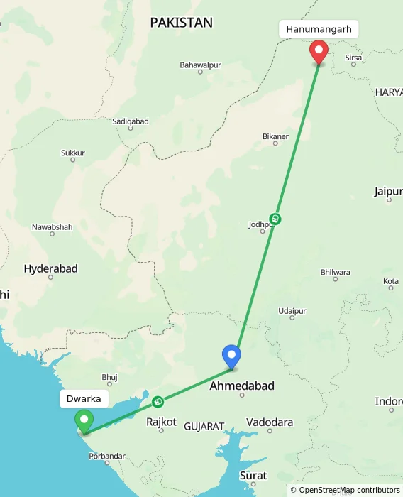 Route map showing distance and travel time from Dwarka, India to Hanumangarh, India