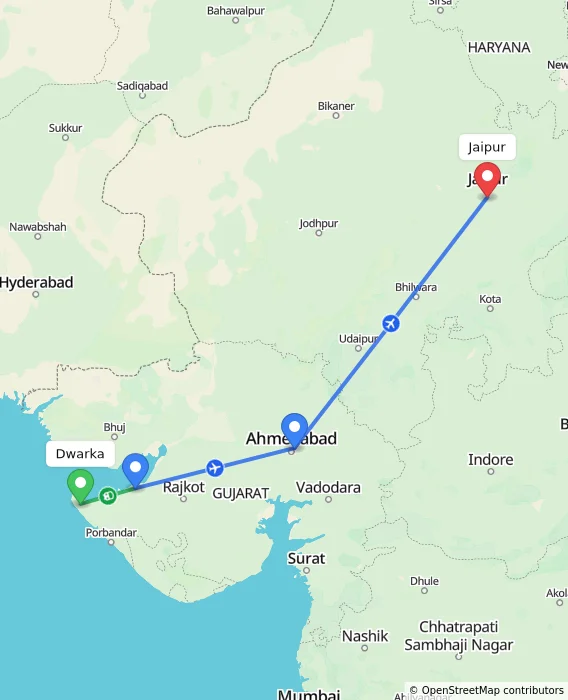 Route map showing distance and travel time from Dwarka, India to Jaipur, India