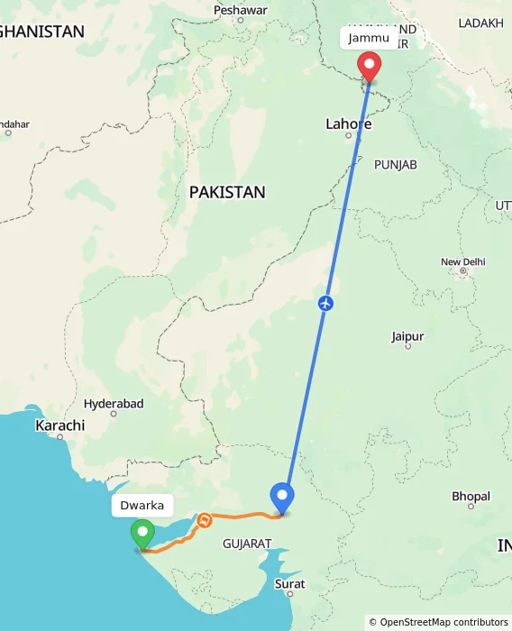 Route map showing distance and travel time from Dwarka, India to Jammu, India