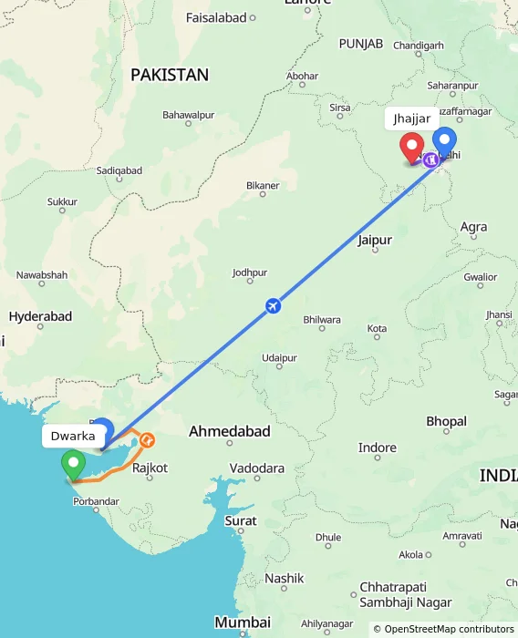 Route map showing distance and travel time from Dwarka, India to Jhajjar, India