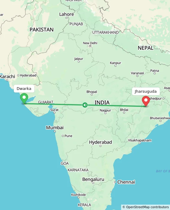 Route map showing distance and travel time from Dwarka, India to Jharsuguda, India