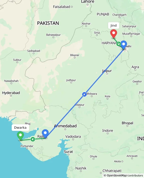 Route map showing distance and travel time from Dwarka, India to Jind, India