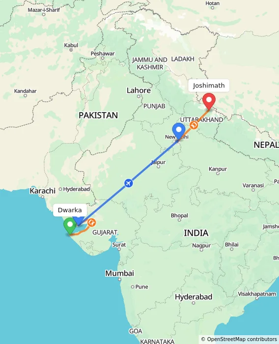 Route map showing distance and travel time from Dwarka, India to Joshimath, India