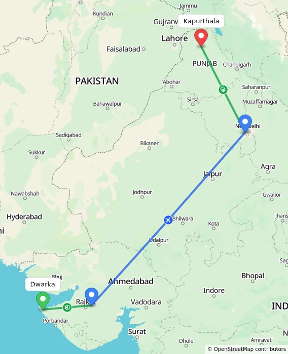 Route map showing distance and travel time from Dwarka, India to Kapurthala, India