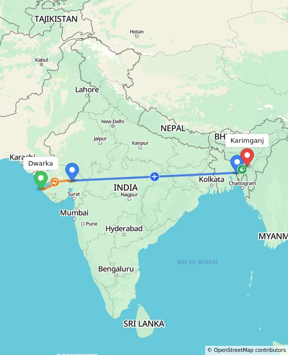 Route map showing distance and travel time from Dwarka, India to Karimganj, India