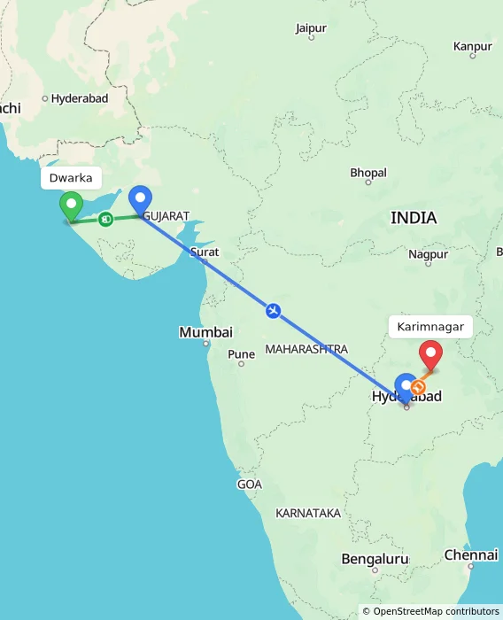 Route map showing distance and travel time from Dwarka, India to Karimnagar, India