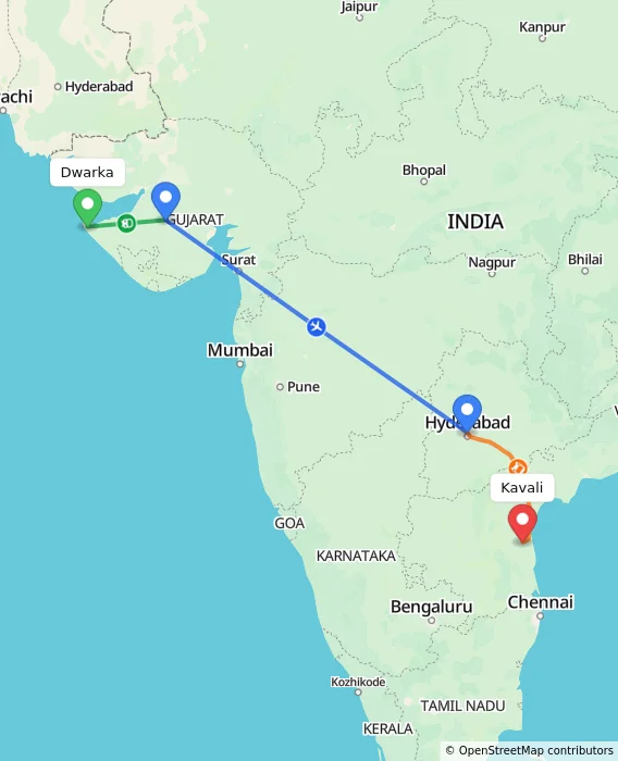 Route map showing distance and travel time from Dwarka, India to Kavali, India
