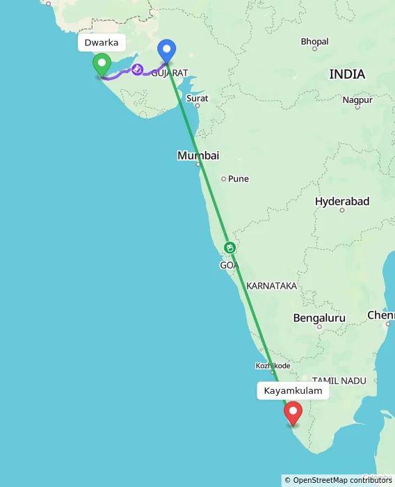 Route map showing distance and travel time from Dwarka, India to Kayamkulam, India
