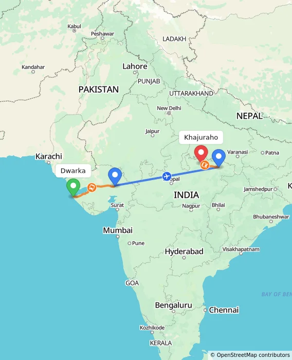Route map showing distance and travel time from Dwarka, India to Khajuraho, India