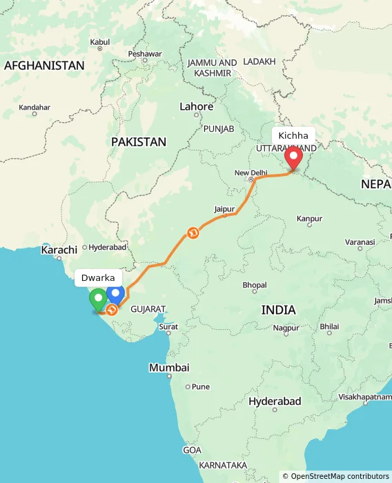 Route map showing distance and travel time from Dwarka, India to Kichha, India