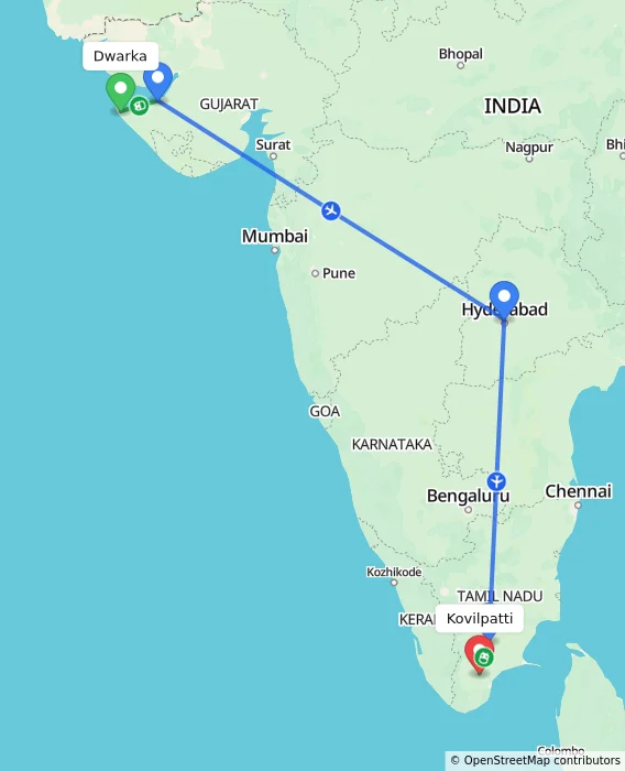 Route map showing distance and travel time from Dwarka, India to Kovilpatti, India