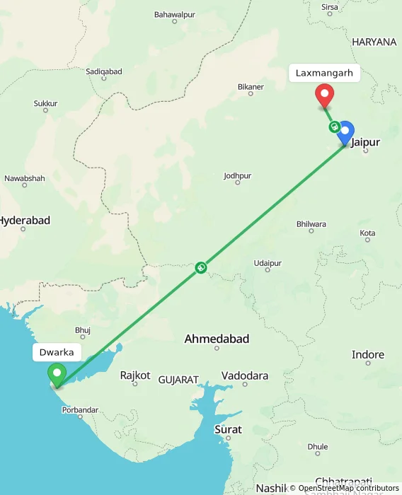 Route map showing distance and travel time from Dwarka, India to Laxmangarh, India