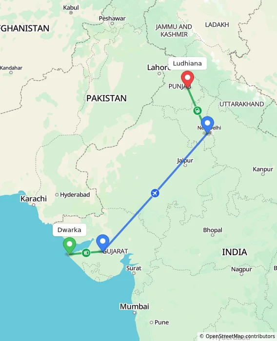 Route map showing distance and travel time from Dwarka, India to Ludhiana, India
