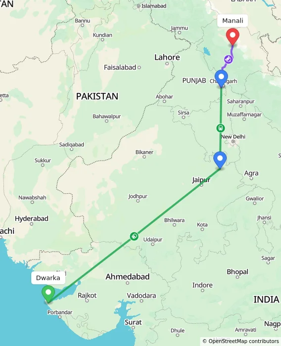 Route map showing distance and travel time from Dwarka, India to Manali, India