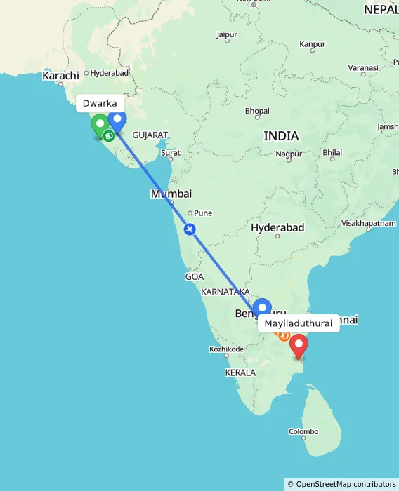 Route map showing distance and travel time from Dwarka, India to Mayiladuthurai, India