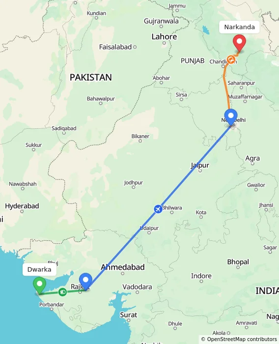 Route map showing distance and travel time from Dwarka, India to Narkanda, India