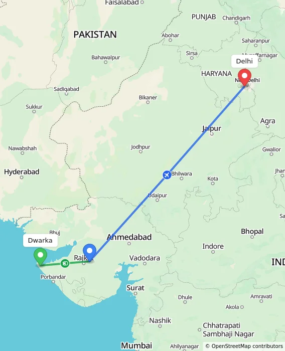 Route map showing distance and travel time from Dwarka, India to Delhi, India