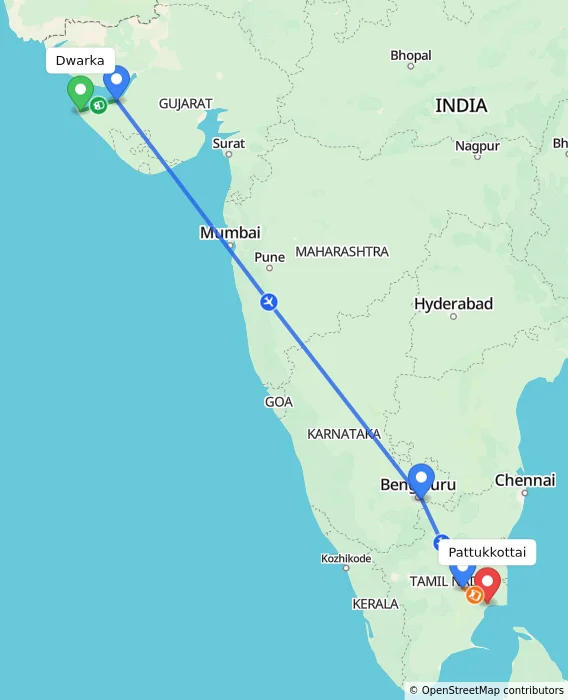 Route map showing distance and travel time from Dwarka, India to Pattukkottai, India
