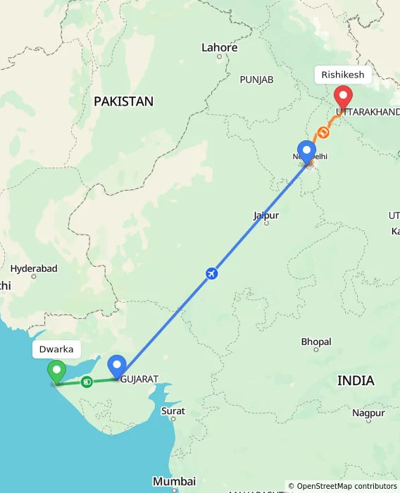 Route map showing distance and travel time from Dwarka, India to Rishikesh, India